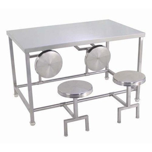 Stainless Steel 4 Seater Canteen Dining Table Fixed Chair Silver_0