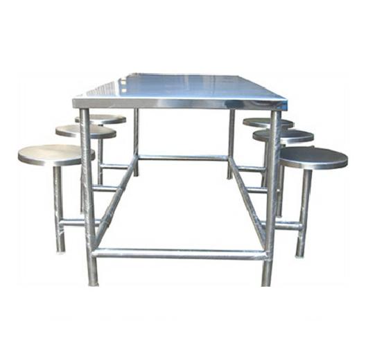 Stainless Steel 6 Seater Canteen Dining Table Fixed Chair Silver_0