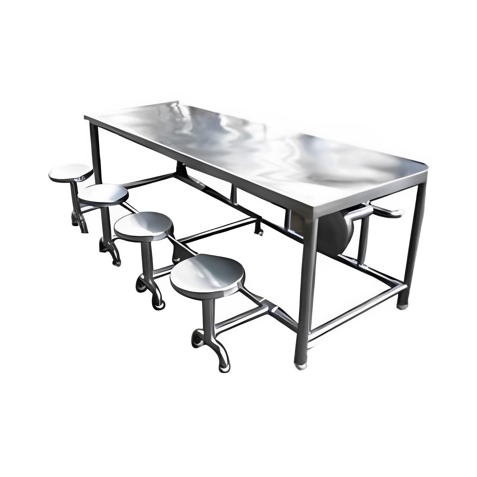 Stainless Steel 8 Seater Canteen Dining Table Fixed Chair Silver_0