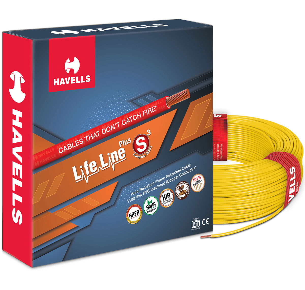 HAVELLS 0.5 sqmm Life Line Plus S3 HRFR Electric Wire Yellow 90 m_0