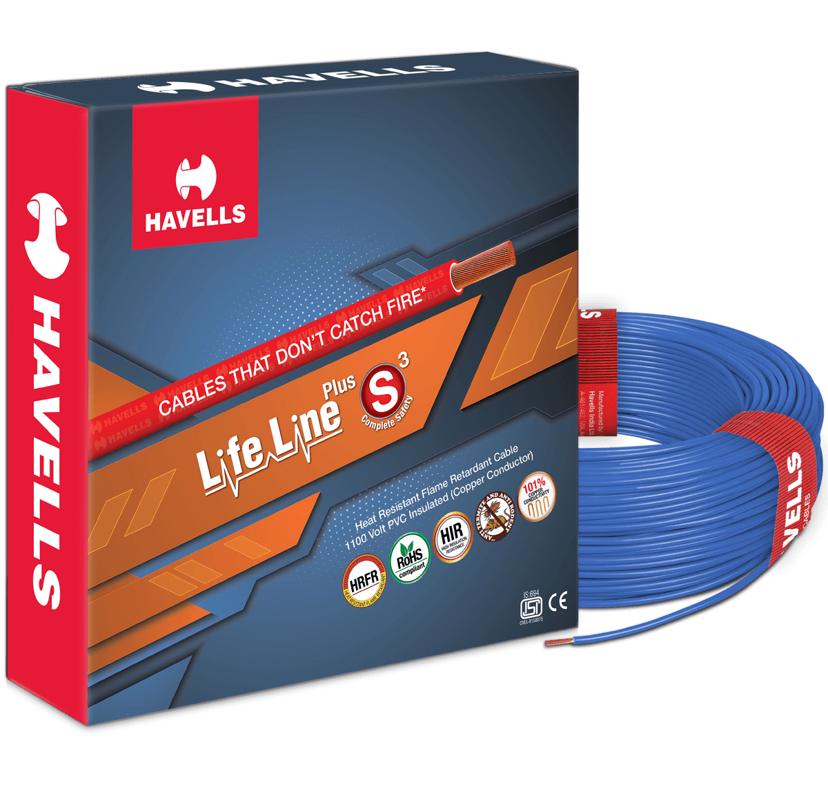 HAVELLS 0.5 sqmm Life Line Plus S3 HRFR Electric Wire Blue 90 m_0