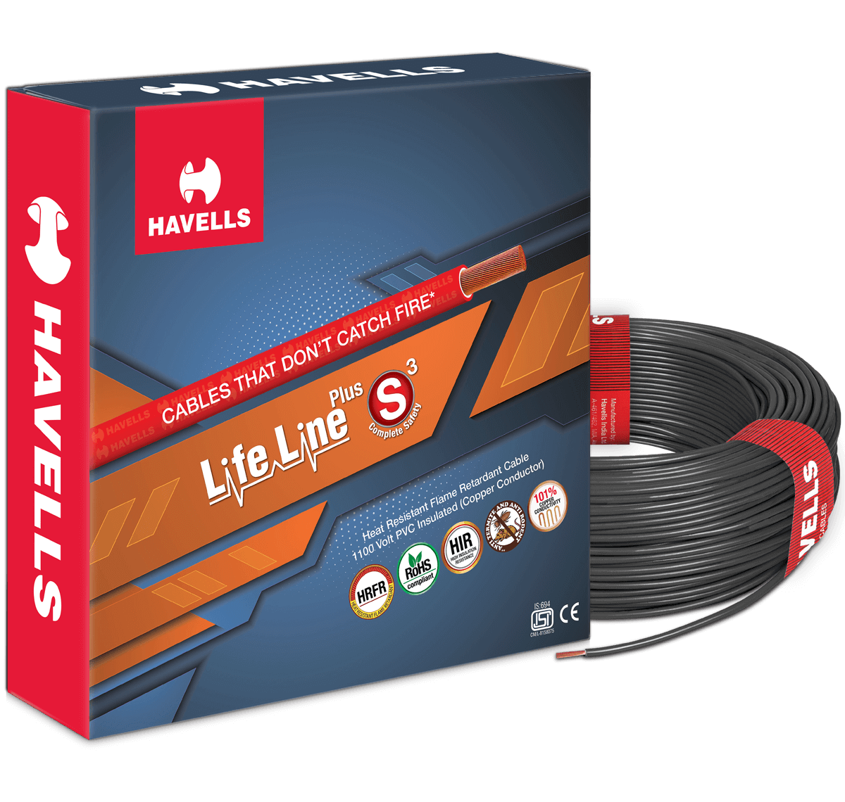 HAVELLS 0.5 sqmm Life Line Plus S3 HRFR Electric Wire Black 90 m_0