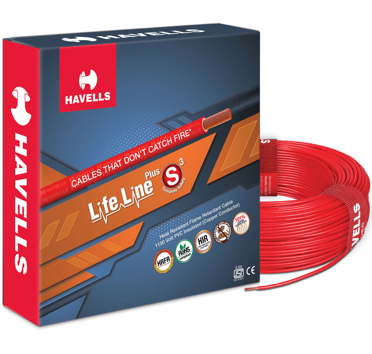 HAVELLS 0.75 sqmm Life Line Plus S3 HRFR Electric Wire Red 90 m_0