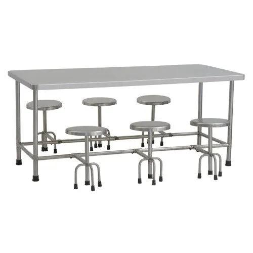 Stainless Steel 6 Seater Canteen Dining Table Fixed Chair Silver_0